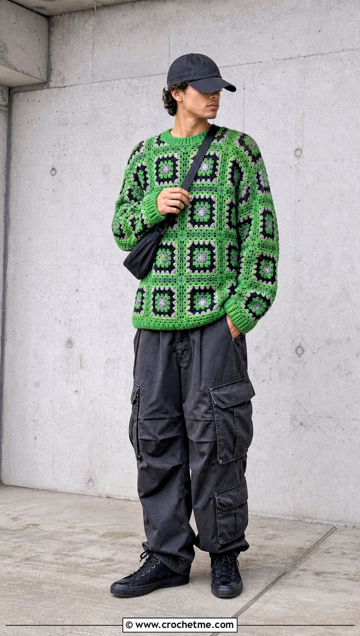 Mens Oversized Granny Square Sweater With Cargo Pants - 20 Mens Granny Square Sweater outfit ideas