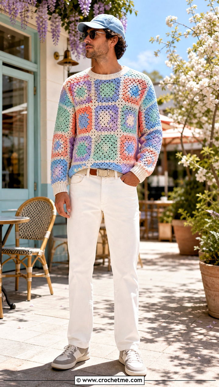 Mens Pastel Granny Square Sweater With White Jeans - 20 Mens Granny Square Sweater outfit ideas