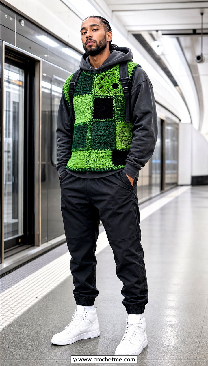 Mens Patchwork Crochet Sweater Vest With A Hoodie - 20 Mens Crochet Sweater Vest outfit ideas