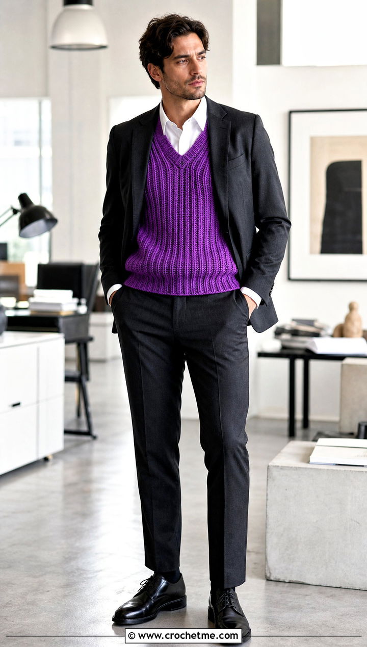 Mens Ribbed Crochet Sweater Vest With A Suit - 20 Mens Crochet Sweater Vest outfit ideas