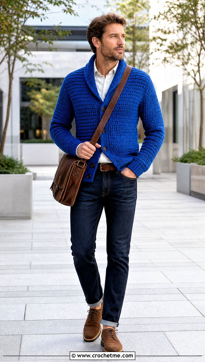 Mens Shawl Collar Crochet Sweater With an Oxford Shirt - 35 mens crochet sweater outfit ideas