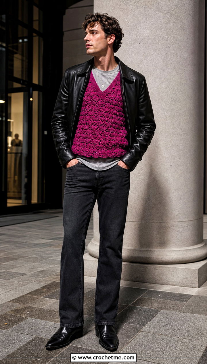 Mens Shell Stitch Crochet Sweater Vest With A Leather Jacket - 20 Mens Crochet Sweater Vest outfit ideas