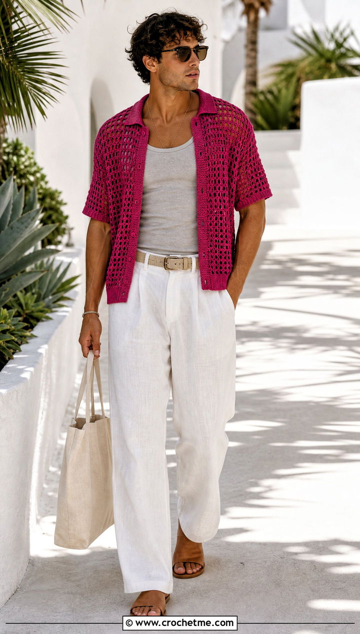 Mens Short Sleeve Crochet Sweater With Linen Pants - 35 mens crochet sweater outfit ideas
