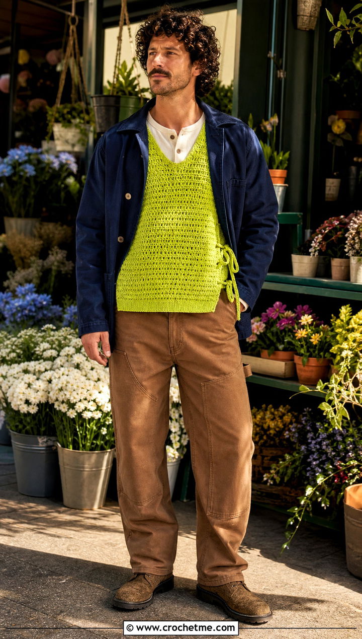 Mens Side Tie Crochet Sweater Vest With Workwear - 20 Mens Crochet Sweater Vest outfit ideas