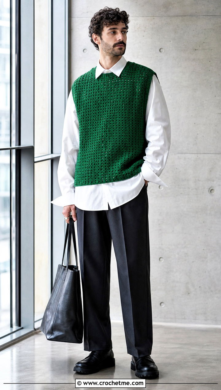 Mens Sleeveless Crochet Sweater With a Poplin Shirt - 35 mens crochet sweater outfit ideas