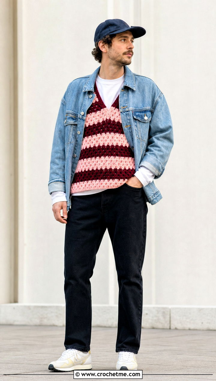 Mens Striped Crochet Sweater Vest With A Denim Jacket - 20 Mens Crochet Sweater Vest outfit ideas