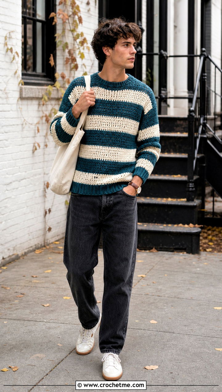 Mens Striped Crochet Sweater With Straight Jeans - 35 mens crochet sweater outfit ideas