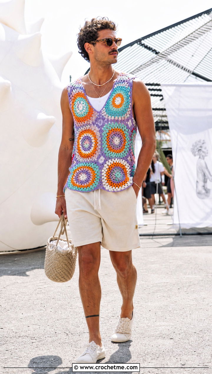 Mens Sunburst Granny Square Crochet Sweater Vest With Summer Shorts - 20 Mens Crochet Sweater Vest outfit ideas