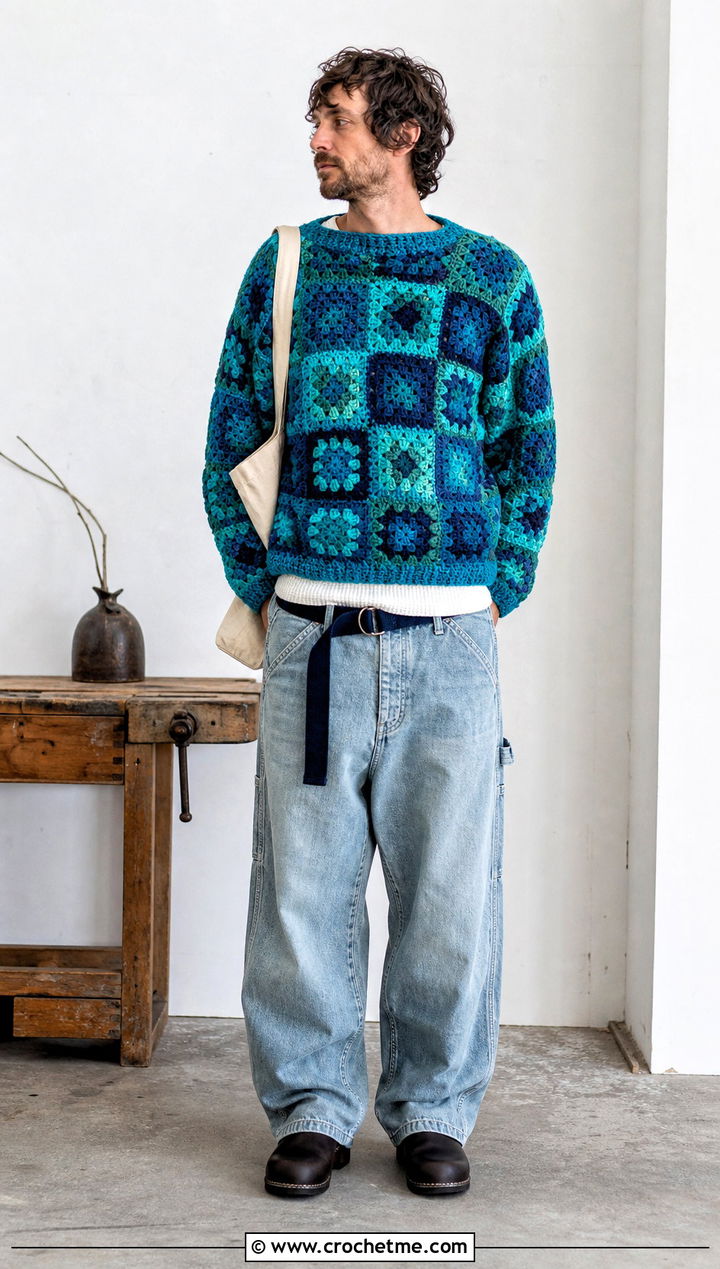 Mens Tonal Granny Square Sweater With Carpenter Jeans - 20 Mens Granny Square Sweater outfit ideas