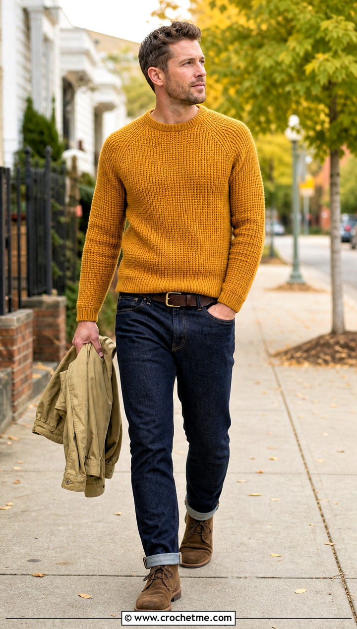 Mens Tunisian Crochet Sweater With Selvedge Jeans - 35 mens crochet sweater outfit ideas
