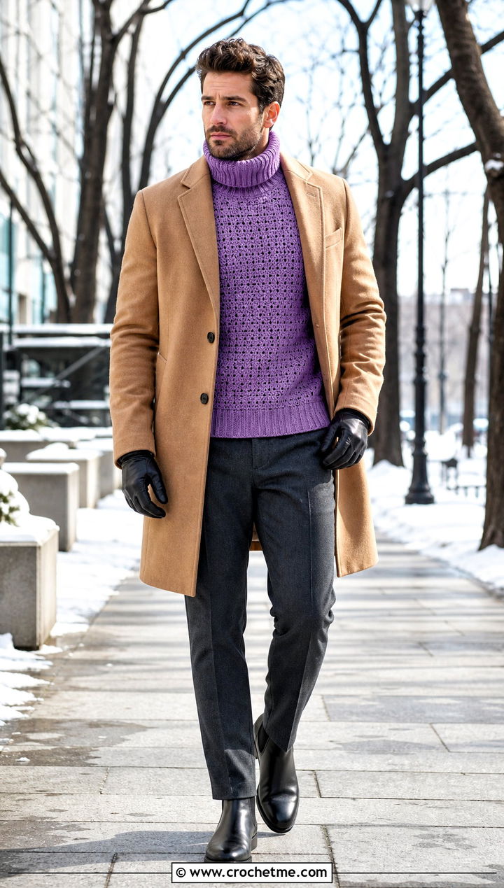 Mens Turtleneck Crochet Sweater With a Long Coat - 35 mens crochet sweater outfit ideas