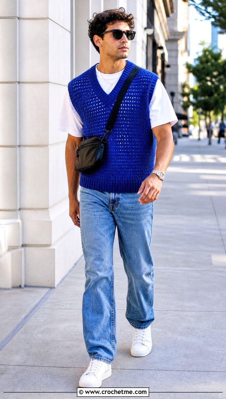 Mens V Neck Crochet Sweater Vest With Jeans - 20 Mens Crochet Sweater Vest outfit ideas
