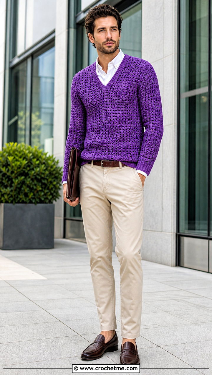 Mens V Neck Crochet Sweater With a Button Down Shirt - 35 mens crochet sweater outfit ideas