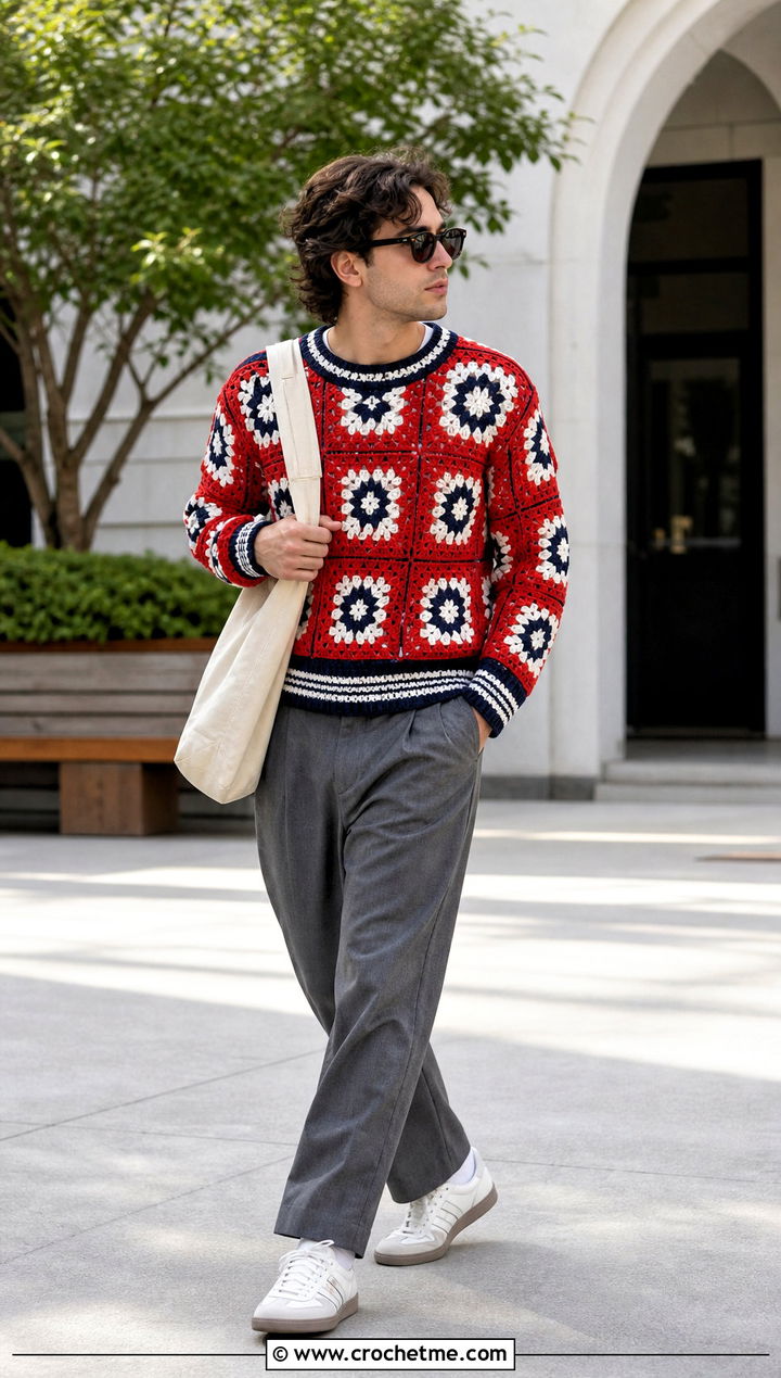 Mens Varsity Granny Square Sweater With Relaxed Trousers - 20 Mens Granny Square Sweater outfit ideas