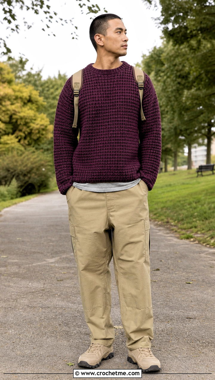 Mens Waffle Stitch Crochet Sweater With Utility Pants - 35 mens crochet sweater outfit ideas