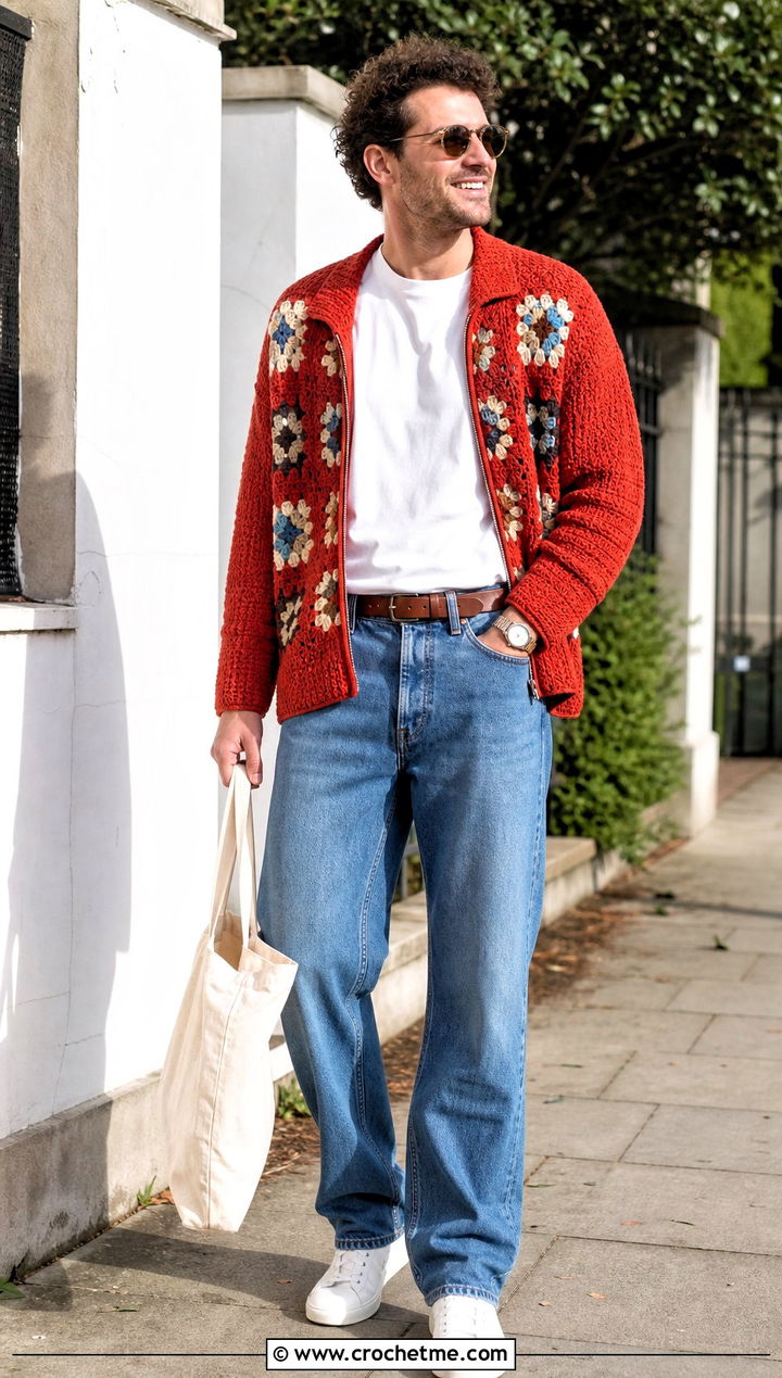 Mens Zip Front Crochet Sweater With a T Shirt and Jeans - 35 mens crochet sweater outfit ideas