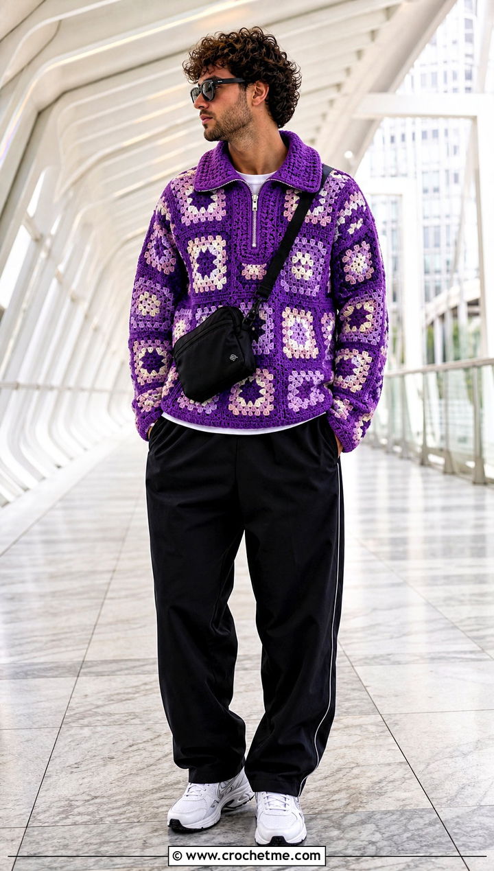 Mens Zip Neck Granny Square Sweater With Track Pants - 20 Mens Granny Square Sweater outfit ideas