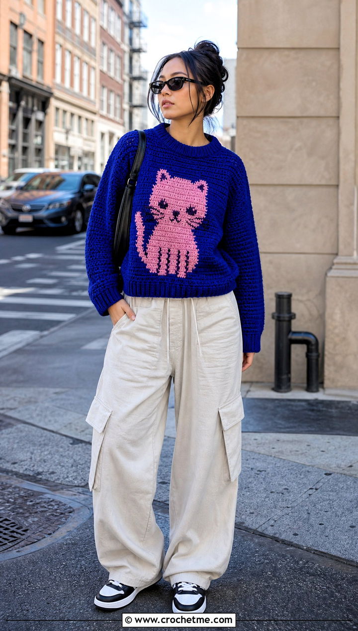 Meow Wow Crochet Mabel Pines Sweater With Cargo Pants - 15 Crochet Mable Pines Sweater outfit ideas