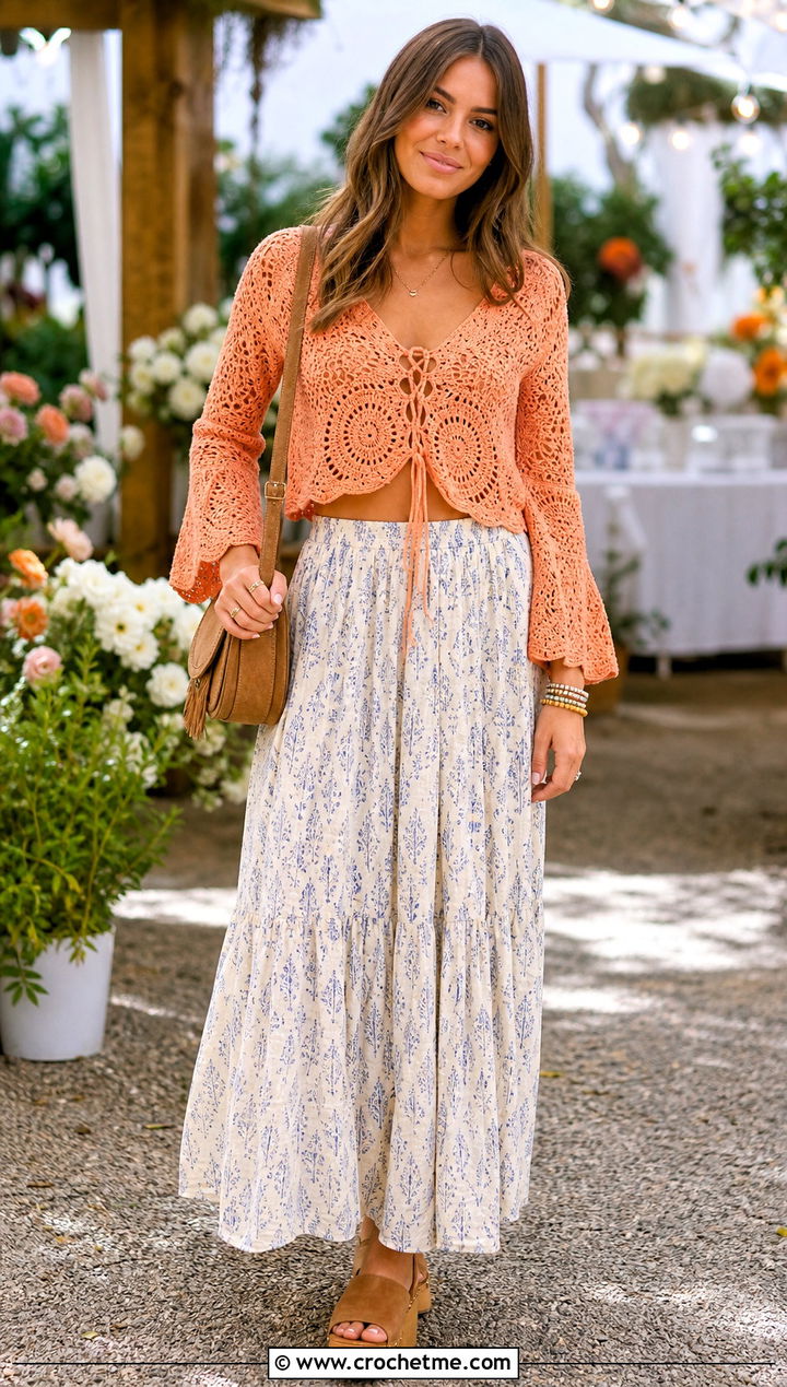 Meribella Crochet Top With Boho Maxi Skirt And Clogs - 15 Meribella Crochet Top outfit ideas