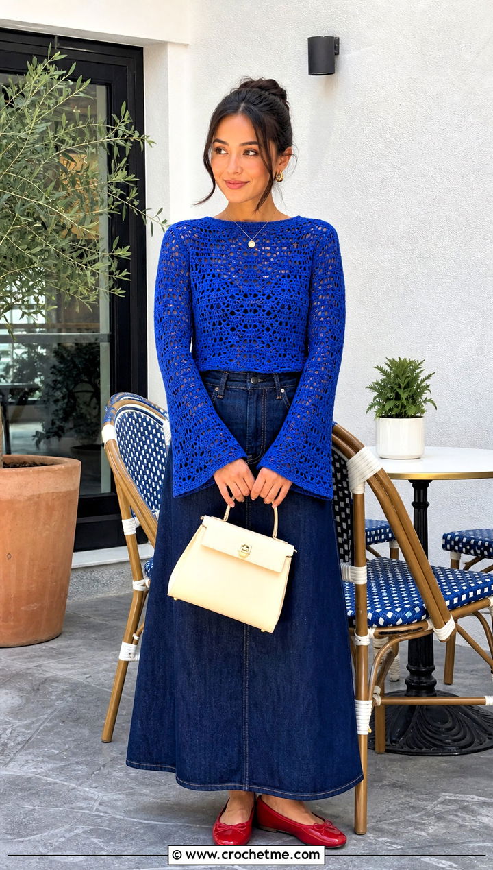 Meribella Crochet Top With Denim Maxi Skirt And Ballet Flats - 15 Meribella Crochet Top outfit ideas
