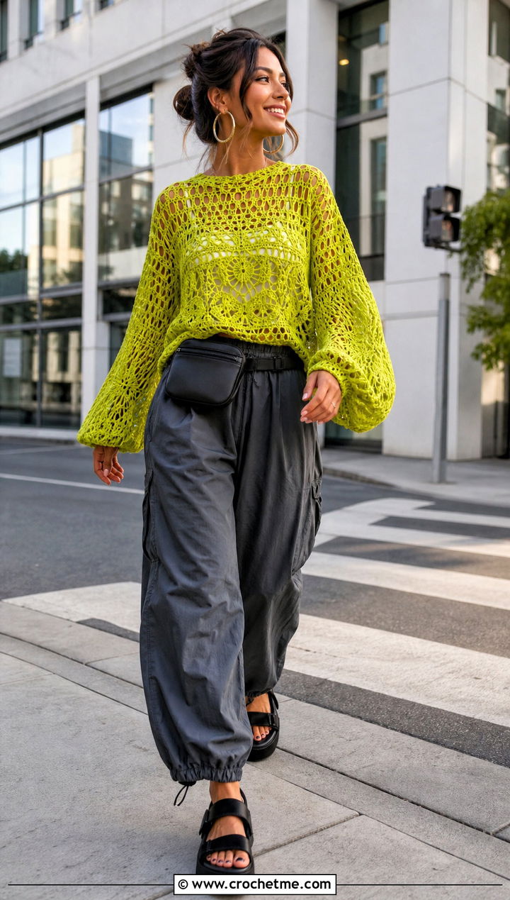 Meribella Crochet Top With Parachute Pants And Platform Sandals - 15 Meribella Crochet Top outfit ideas