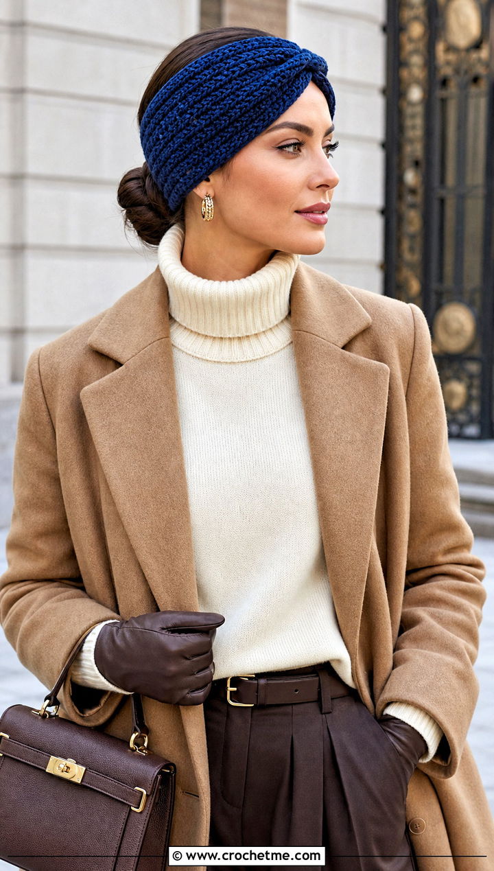 Merino Twist Ear Warmer With Old Money Outfit - 25 Crochet Twist Ear Warmer outfit ideas