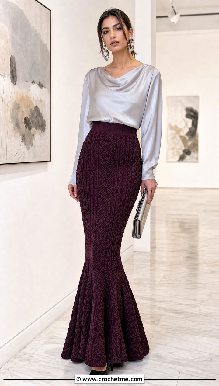 Mermaid Cable Maxi Skirt With Satin Blouse - 15 crochet cable skirt outfit ideas