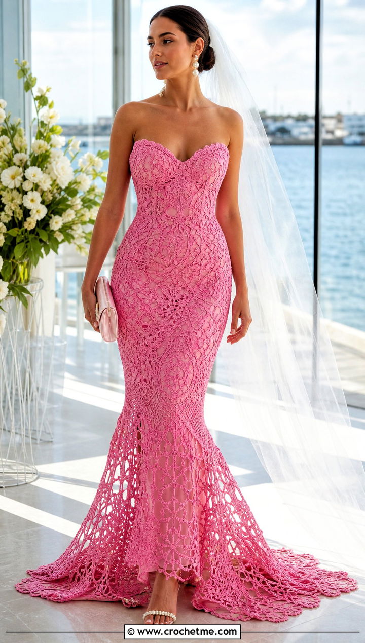 Mermaid Crochet Lace Wedding Dress With Pearl Sandals - 20 vintage crochet wedding dress outfit ideas