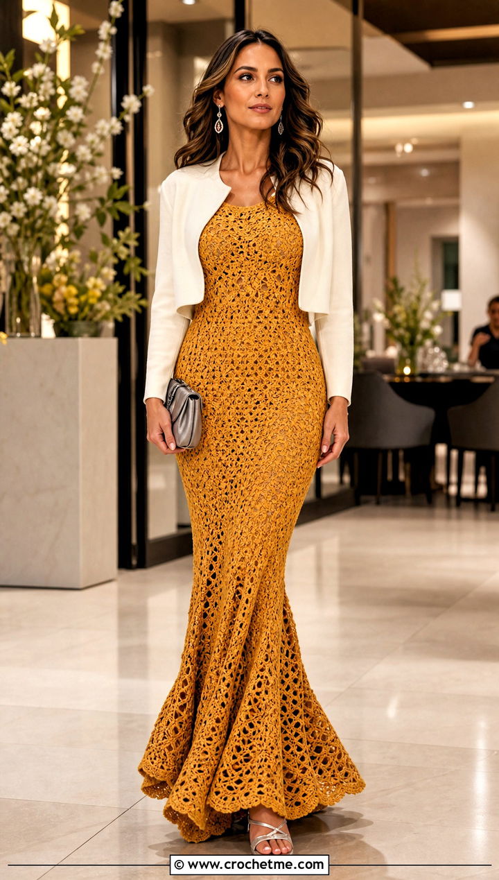 Mermaid Crochet Long Dress With Metallic Heels - 25 Crochet Long Dresses outfit ideas