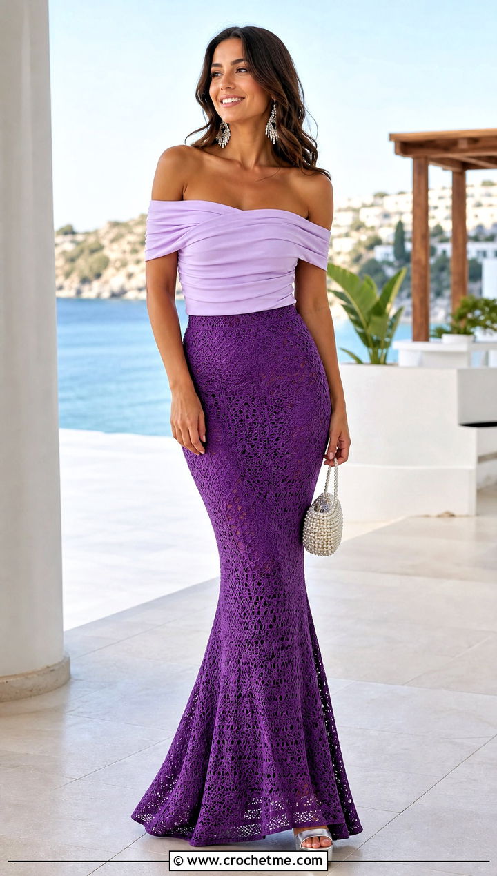 Mermaid Crochet Maxi Skirt With Off Shoulder Top - 25 Boho Crochet Skirt outfit ideas