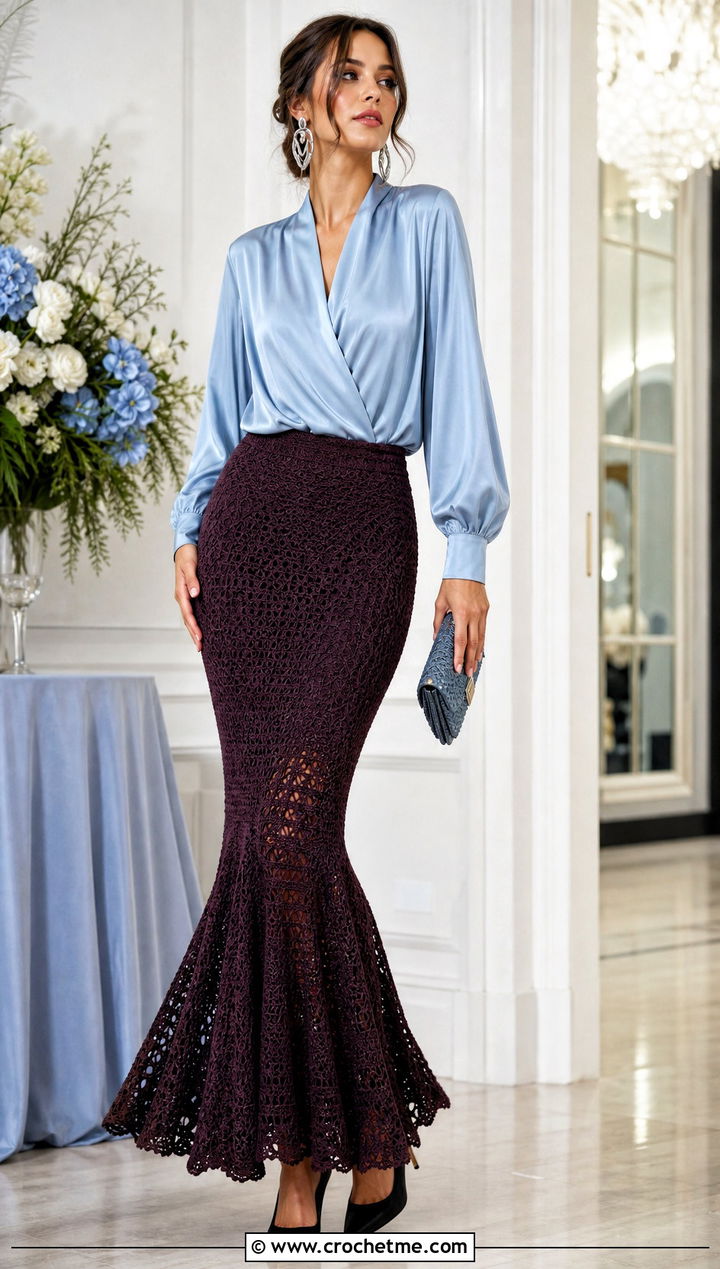 Mermaid Crochet Maxi Skirt With Silk Blouse - 35 long crochet skirt outfit ideas