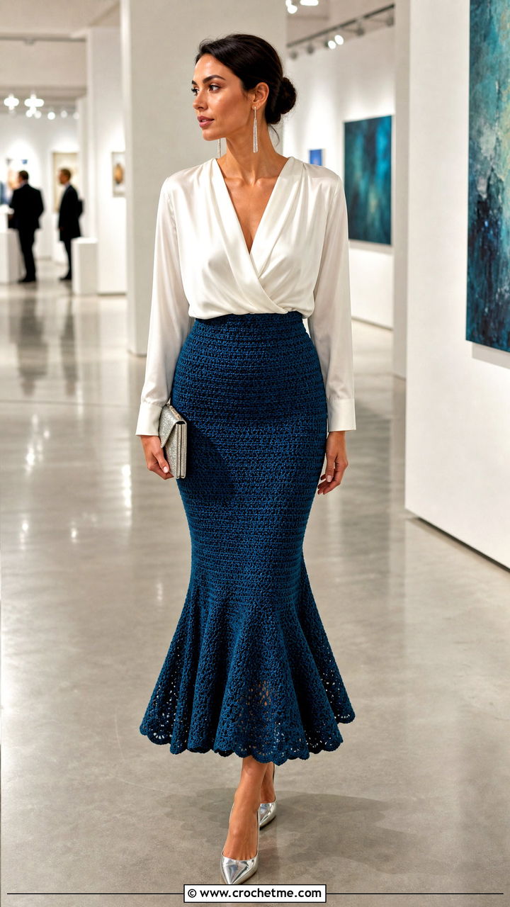 Mermaid Crochet Midi Skirt With Draped Blouse - 35 crochet midi skirt outfit ideas