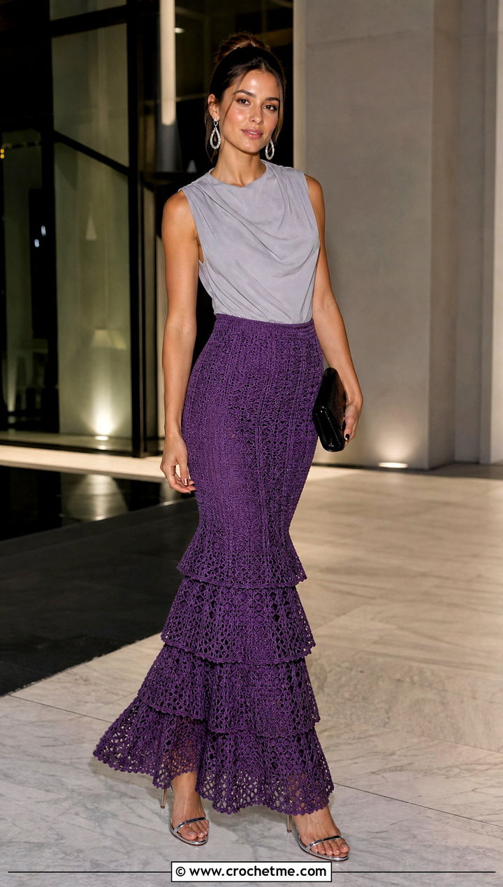 Mermaid Crochet Tiered Maxi Skirt With Draped Top - 35 crochet tiered skirt outfit ideas