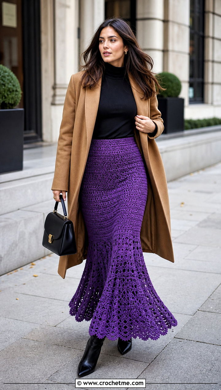 Mermaid Maxi Crochet Skirt With Fitted Turtleneck - 35 maxi crochet skirt outfit ideas
