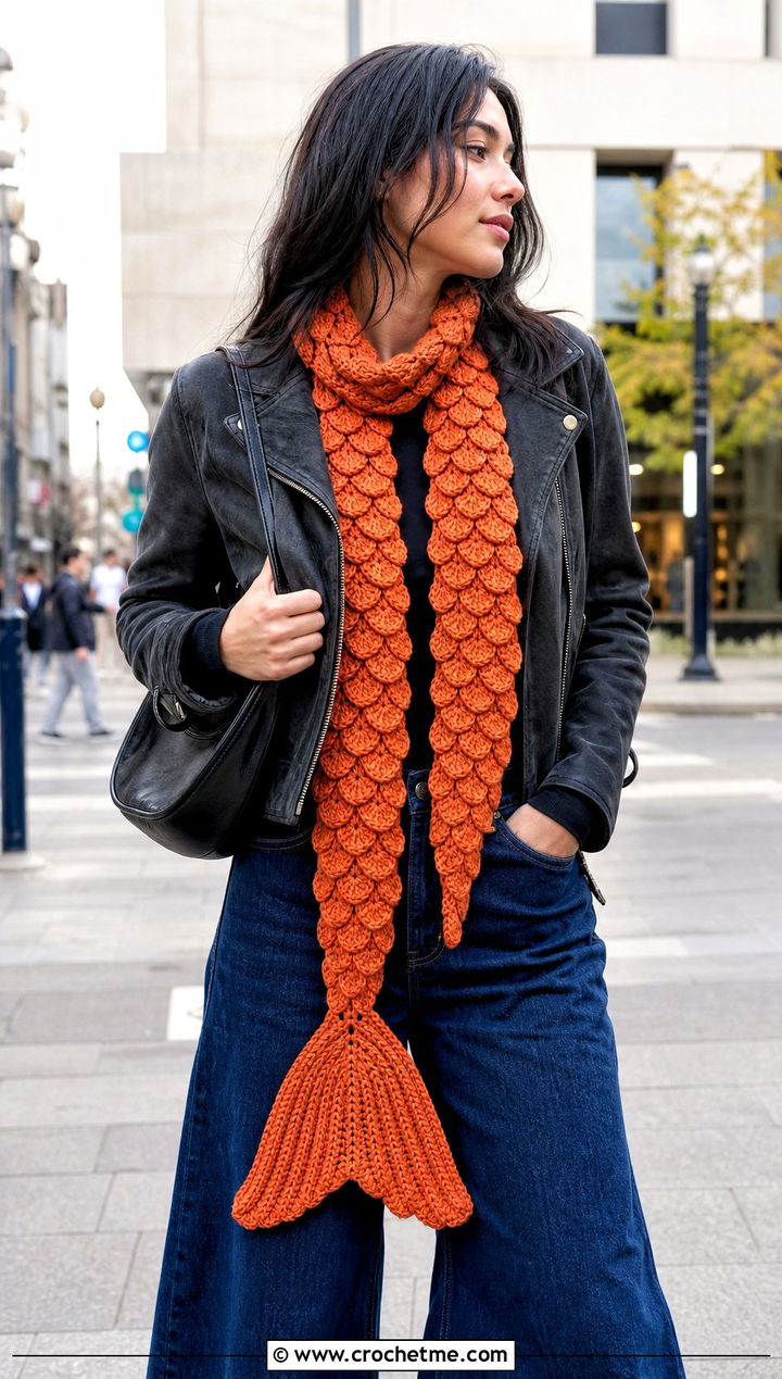Mermaid Tail Keyhole Scarf With Moto Jacket - 15 Crocheted Keyhole Scarf outfit ideas