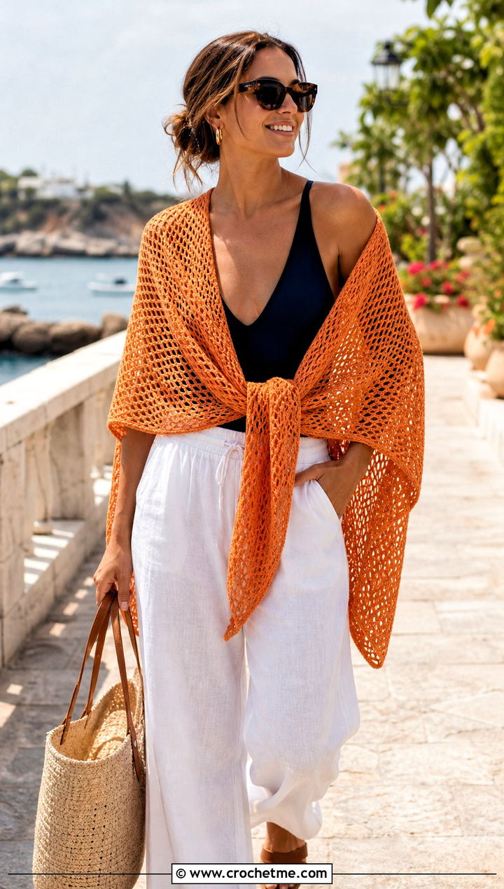Mesh Skein Crochet Shawl With Swimsuit And Linen Pants - 15 Easy 1 Skein Crochet Shawl outfit ideas