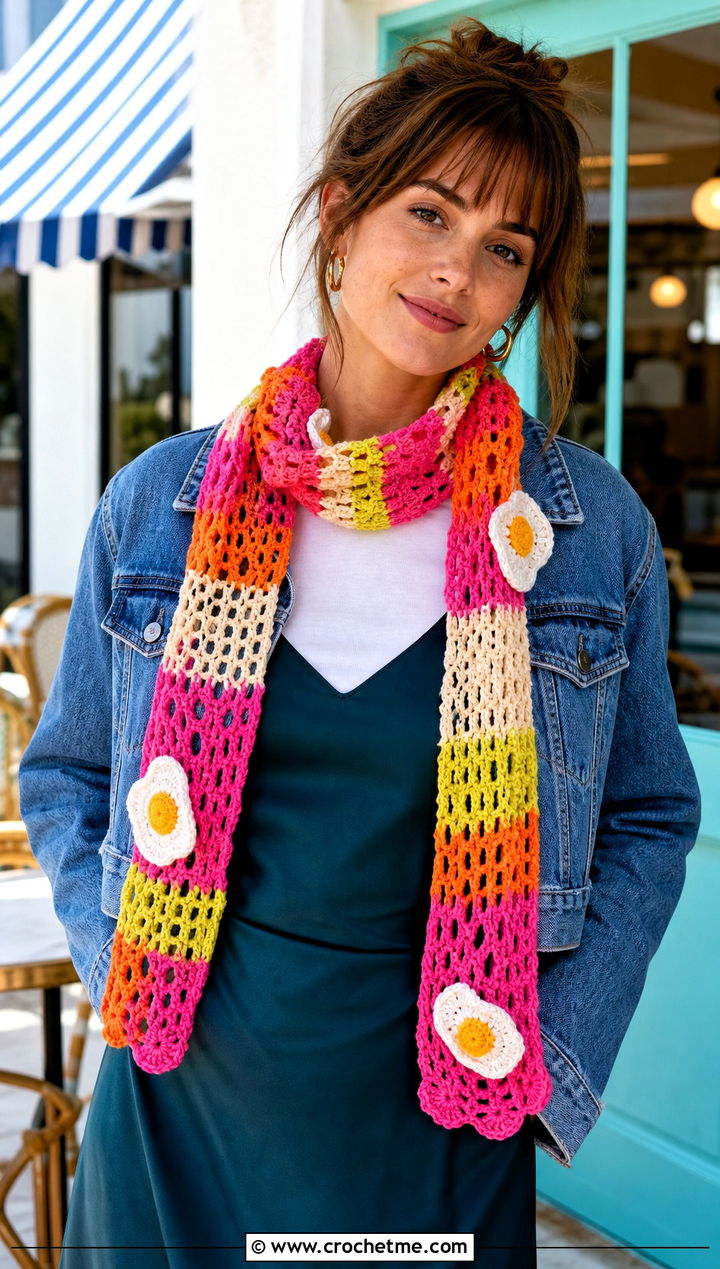 Mesh Bacon And Eggs Scarf With Slip Dress - 20 Crochet Bacon And Eggs Scarf outfit ideas