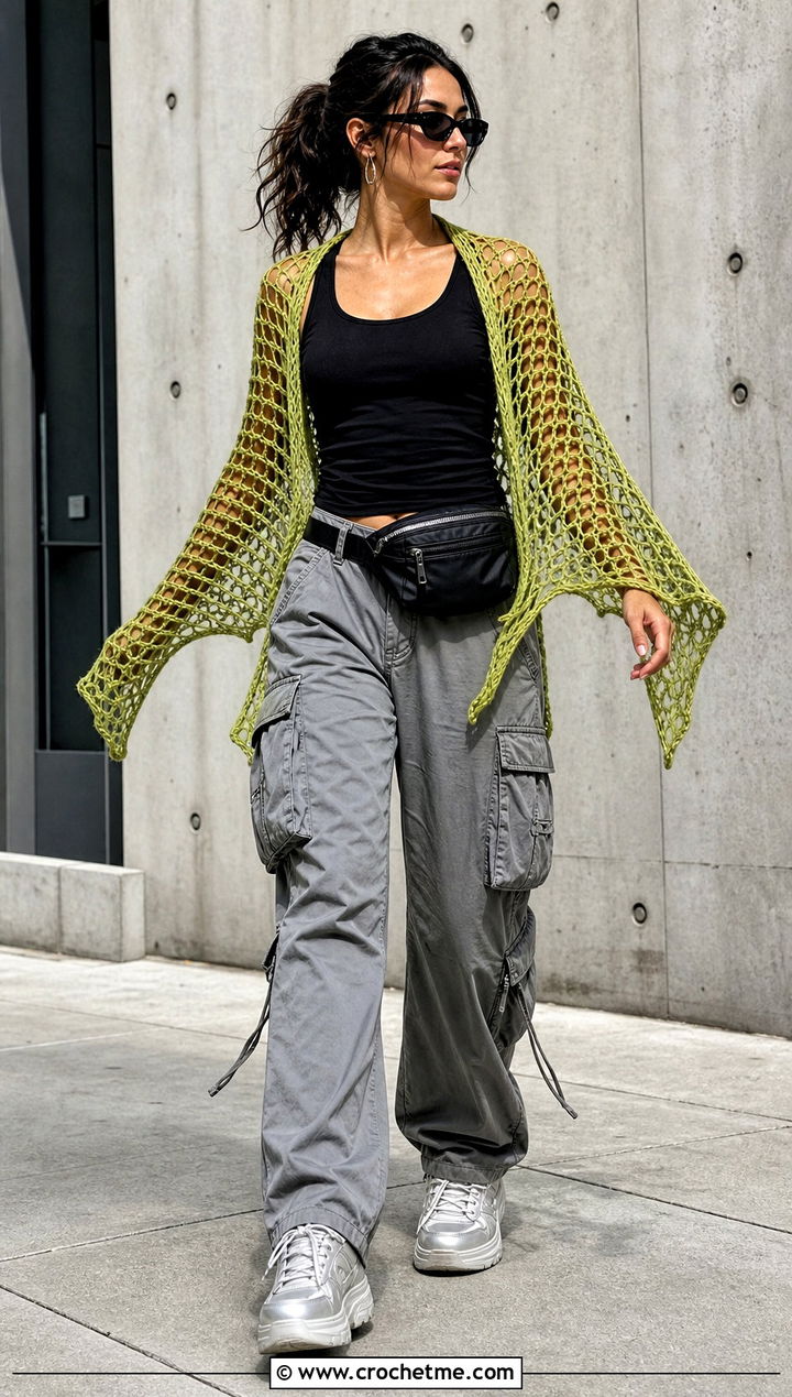 Mesh Bat Wing Crochet Shawl With Cargo Pants - 25 bat wing crochet shawl outfit ideas
