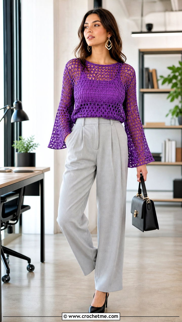 Mesh Bell Sleeve Crochet Sweater With Tailored Trousers - 15 Customizable Crochet Sweater Design outfit ideas