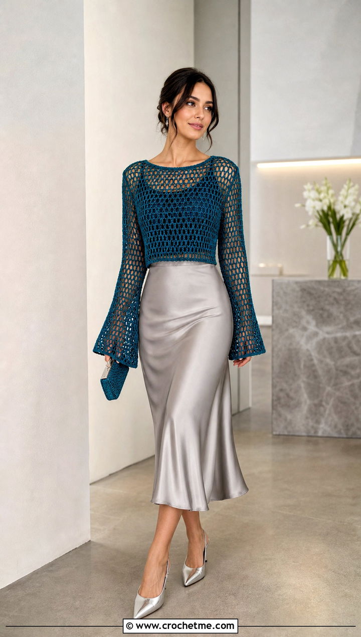 Mesh Bell Sleeve Cropped Sweater With Satin Skirt - 30 crocheted cropped sweater outfit ideas