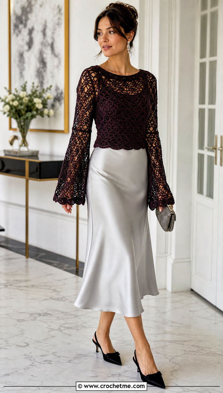 Mesh Bell Sleeve Mcdreamy Crochet Sweater With Satin Midi Skirt - 15 Mcdreamy Crochet Sweater outfit ideas
