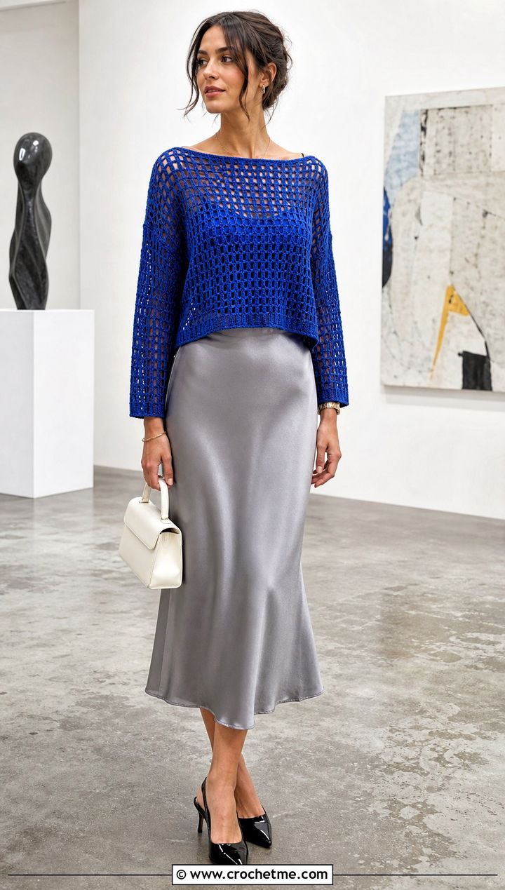 Mesh Boat Neck Crochet Boxy Sweater With Satin Midi Skirt - 25 Crochet Boxy Sweater outfit ideas
