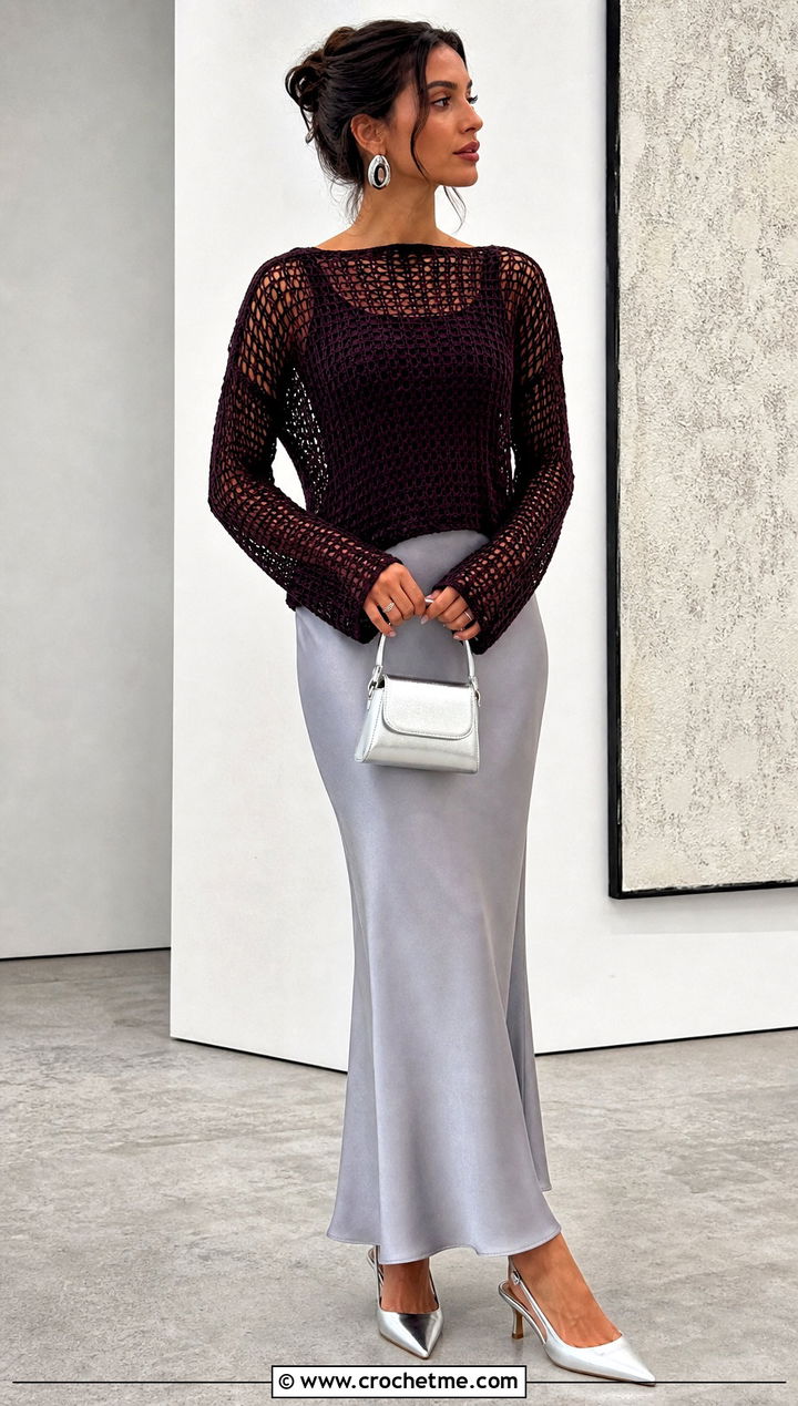 Mesh Boat Neck Crochet Sweater With Satin Slip Skirt - 25 Crochet Quick Sweater outfit ideas
