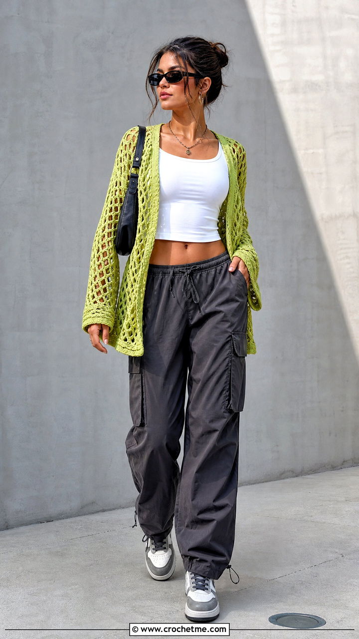 Mesh Boho Crochet Cardigan With Cargo Pants - 35 Boho Crochet Cardigan outfit ideas