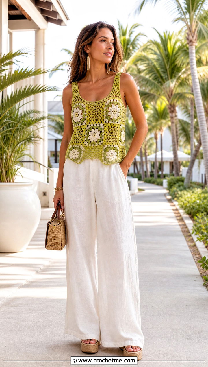 Mesh Border Granny Square Top With Palazzo Pants - 30 crochet summer tops granny squares outfit ideas