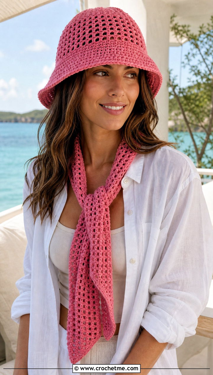 Mesh Bucket Hat And Scarf Set With Vacation Outfit - 25 Crochet Scarf And Hat Set outfit ideas