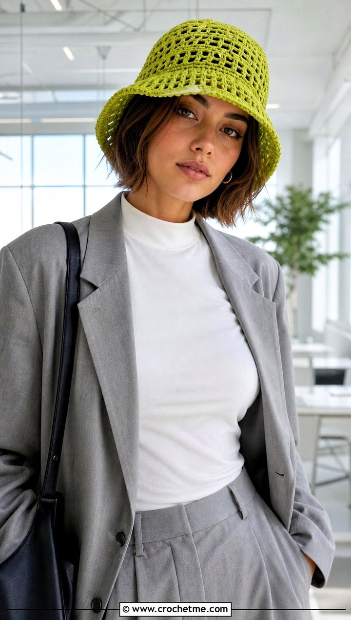 Mesh Bucket Hat With Blazer And Tailored Trousers - 20 crochet women's hat outfit ideas