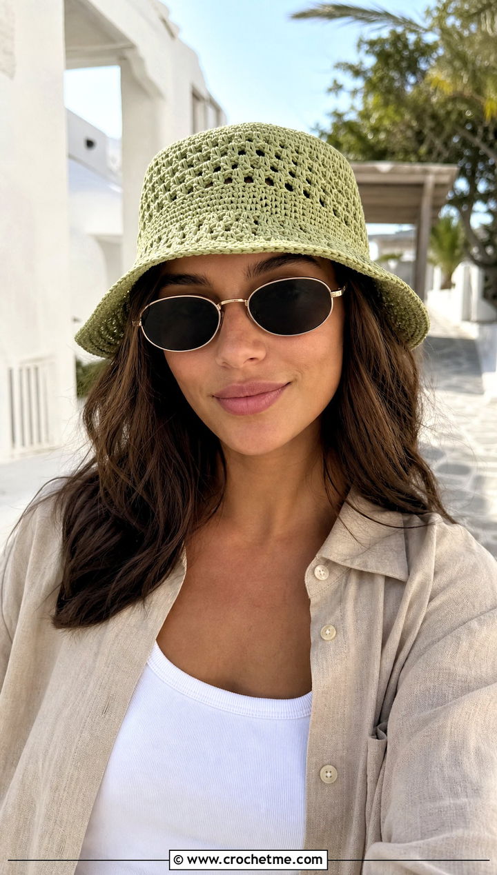 Mesh Bucket Hat With Linen Set - 25 one skein crochet hat outfit ideas