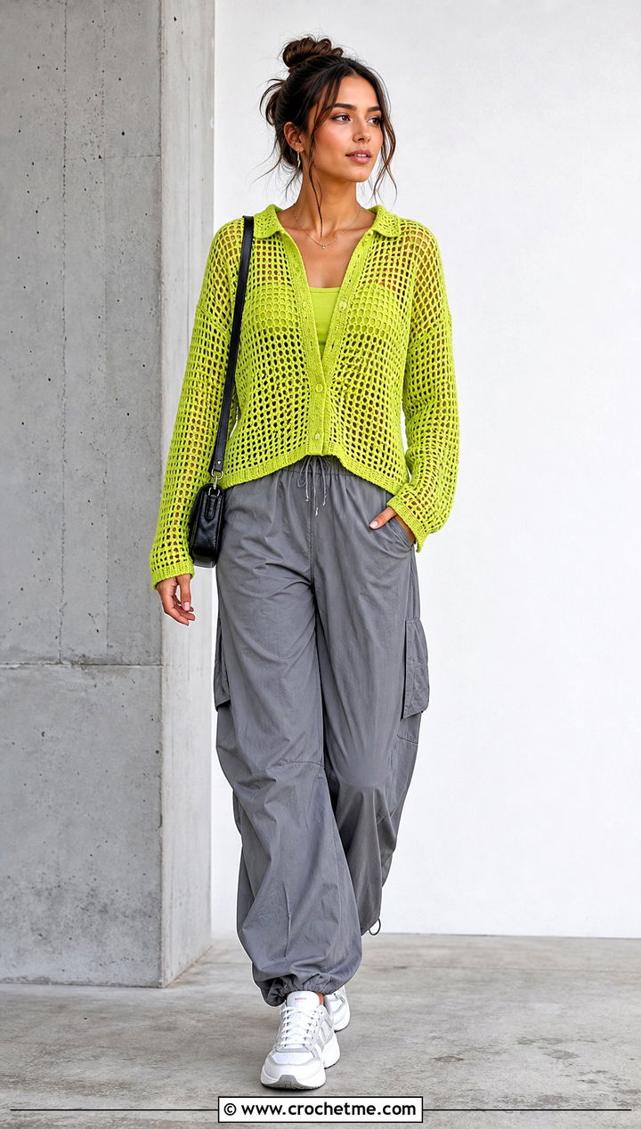 Mesh Button Front Crochet Top With Cargo Pants - 35 Crochet Top With Buttons outfit ideas