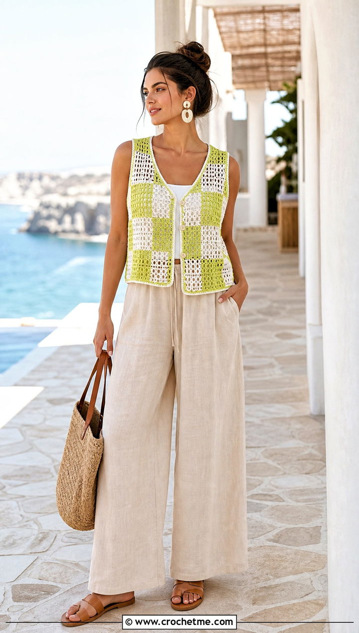 Mesh Checkered Crochet Vest With Linen Pants - 30 checkered crochet vest outfit ideas